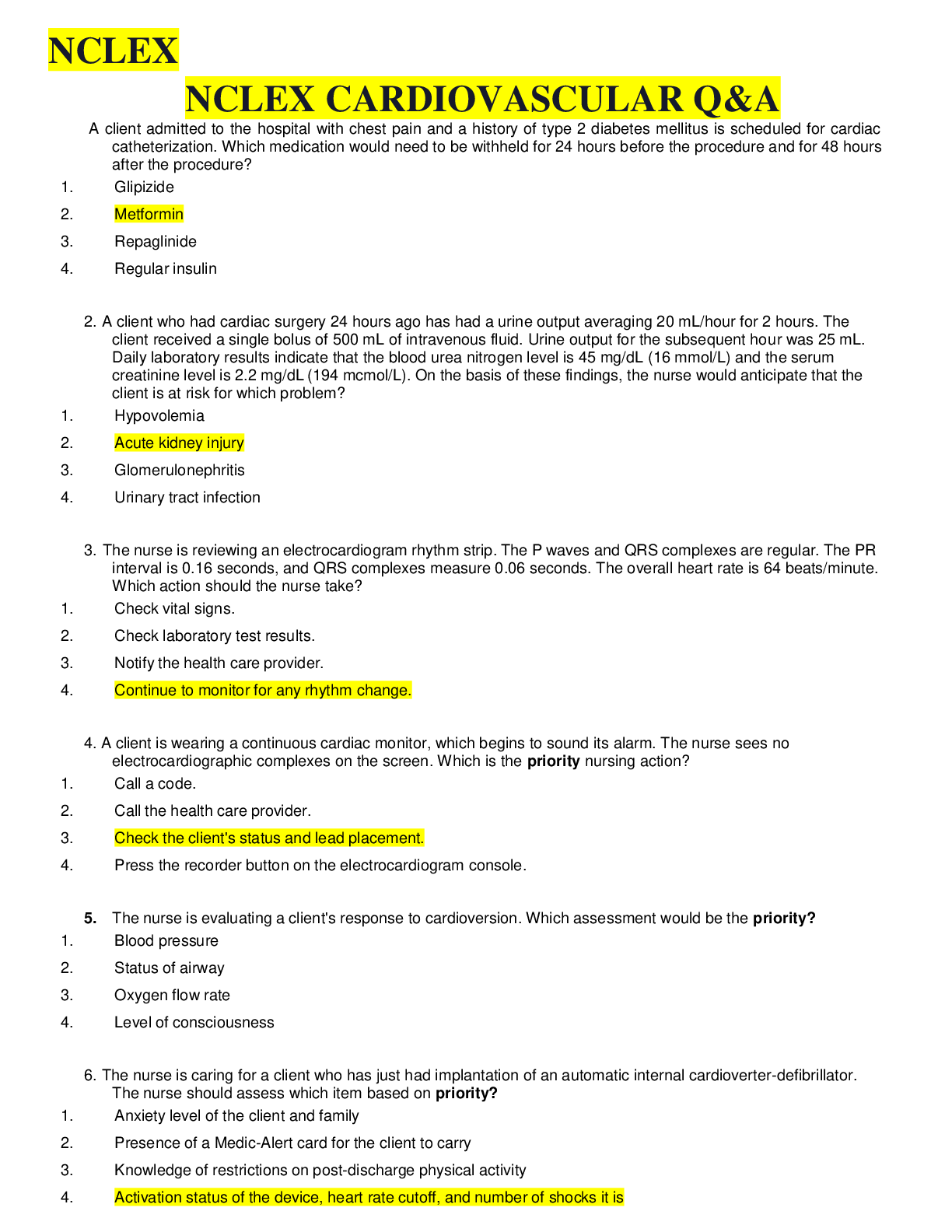NCLEX CARDIOVASCULAR LATEST QUESTIONS & ANSWERS, Already graded A (2021